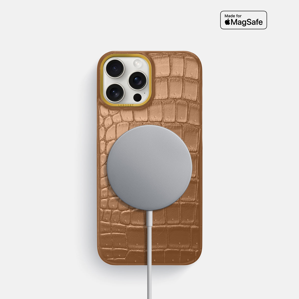 Milk-Chocolate iPhone 16 Pro Classic Case Porosus Crocodile with Gold Metal -5 | Milk-Chocolate-Gold