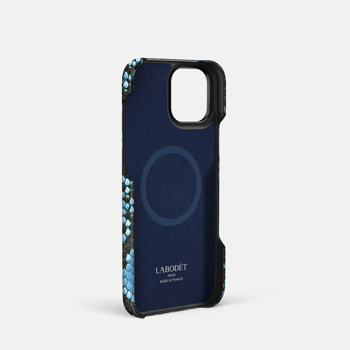 Pacific Blue iPhone 16 Pro Classic Case In Python with Black Metal -4 | Pacific-Blue-Black