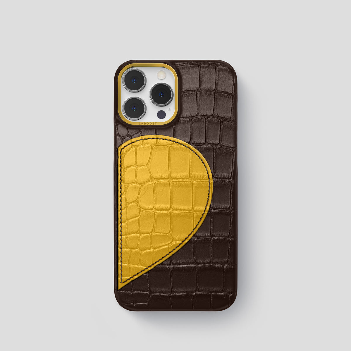 Dark-Brown iPhone 15 Pro Hearts Case Alligator with Gold Metal -1 | Dark-Brown-Gold
