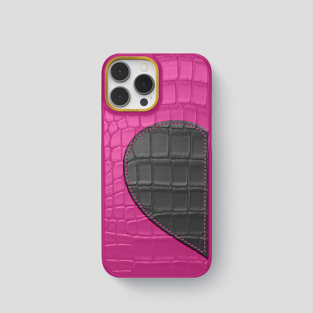 Fuchsia iPhone 15 Pro Hearts Case Alligator with Gold Metal -1 | Fuchsia-Gold