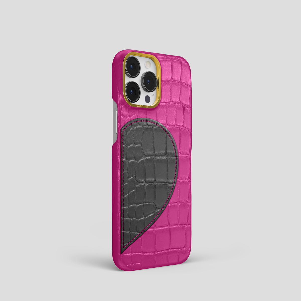 Fuchsia iPhone 15 Pro Hearts Case Alligator with Gold Metal -2 | Fuchsia-Gold