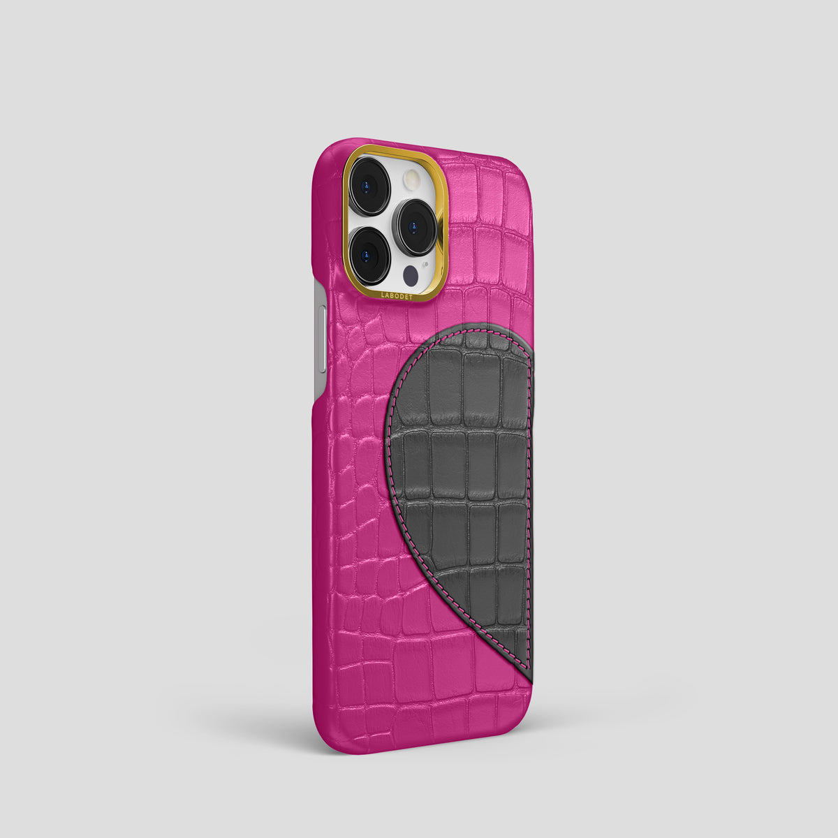 Fuchsia iPhone 15 Pro Hearts Case Alligator with Gold Metal -2 | Fuchsia-Gold