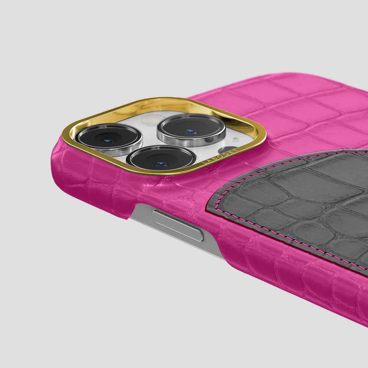 Fuchsia iPhone 15 Pro Hearts Case Alligator with Gold Metal -5 | Fuchsia-Gold