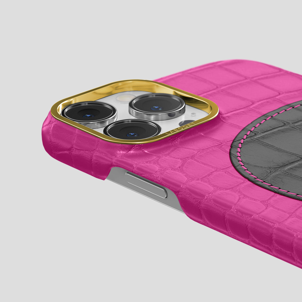 Fuchsia iPhone 15 Pro Hearts Case Alligator with Gold Metal -5 | Fuchsia-Gold