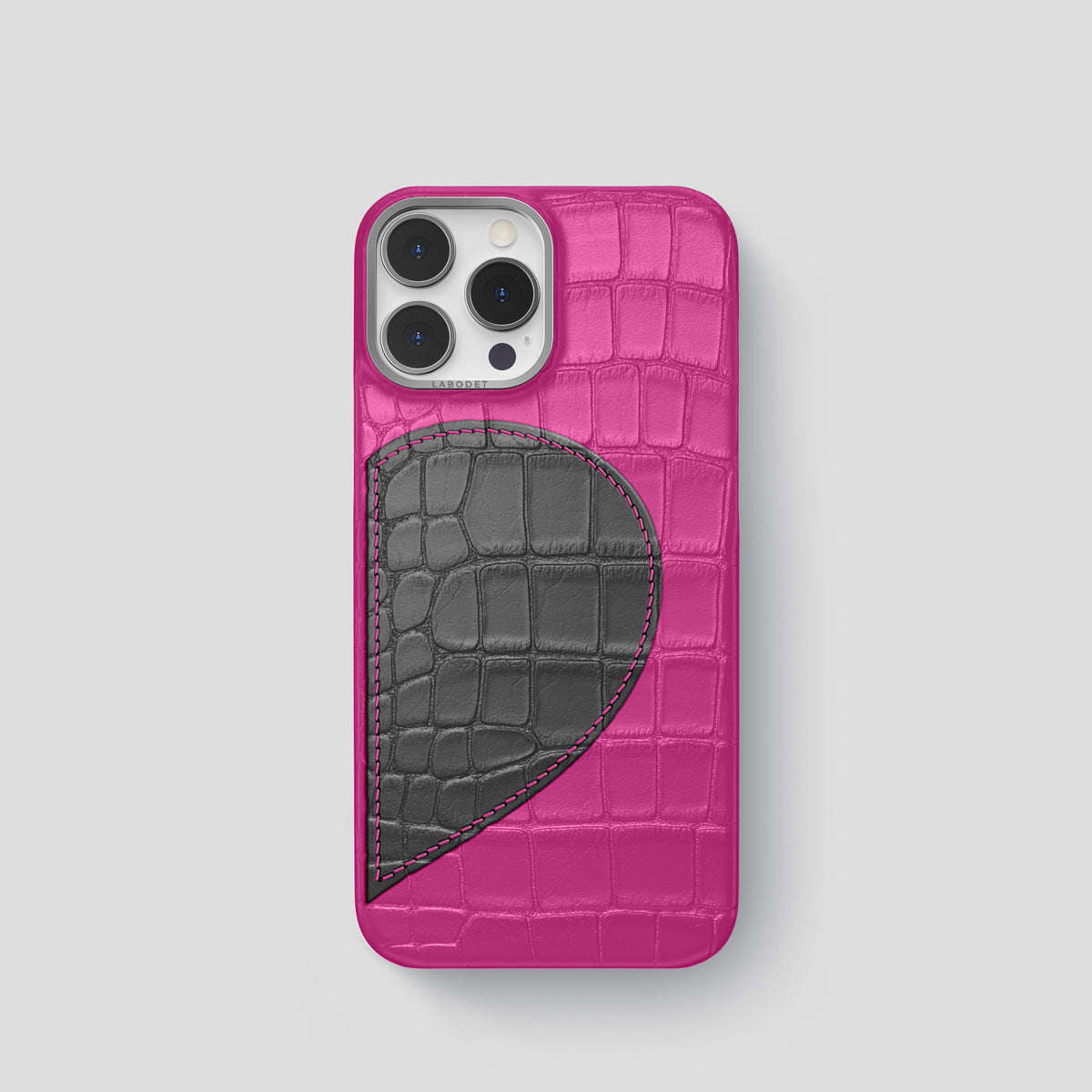Fuchsia iPhone 15 Pro Hearts Case Alligator with Steel Metal -1 | Fuchsia-Steel
