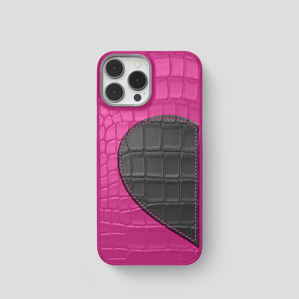 Fuchsia iPhone 15 Pro Hearts Case Alligator with Steel Metal -1 | Fuchsia-Steel