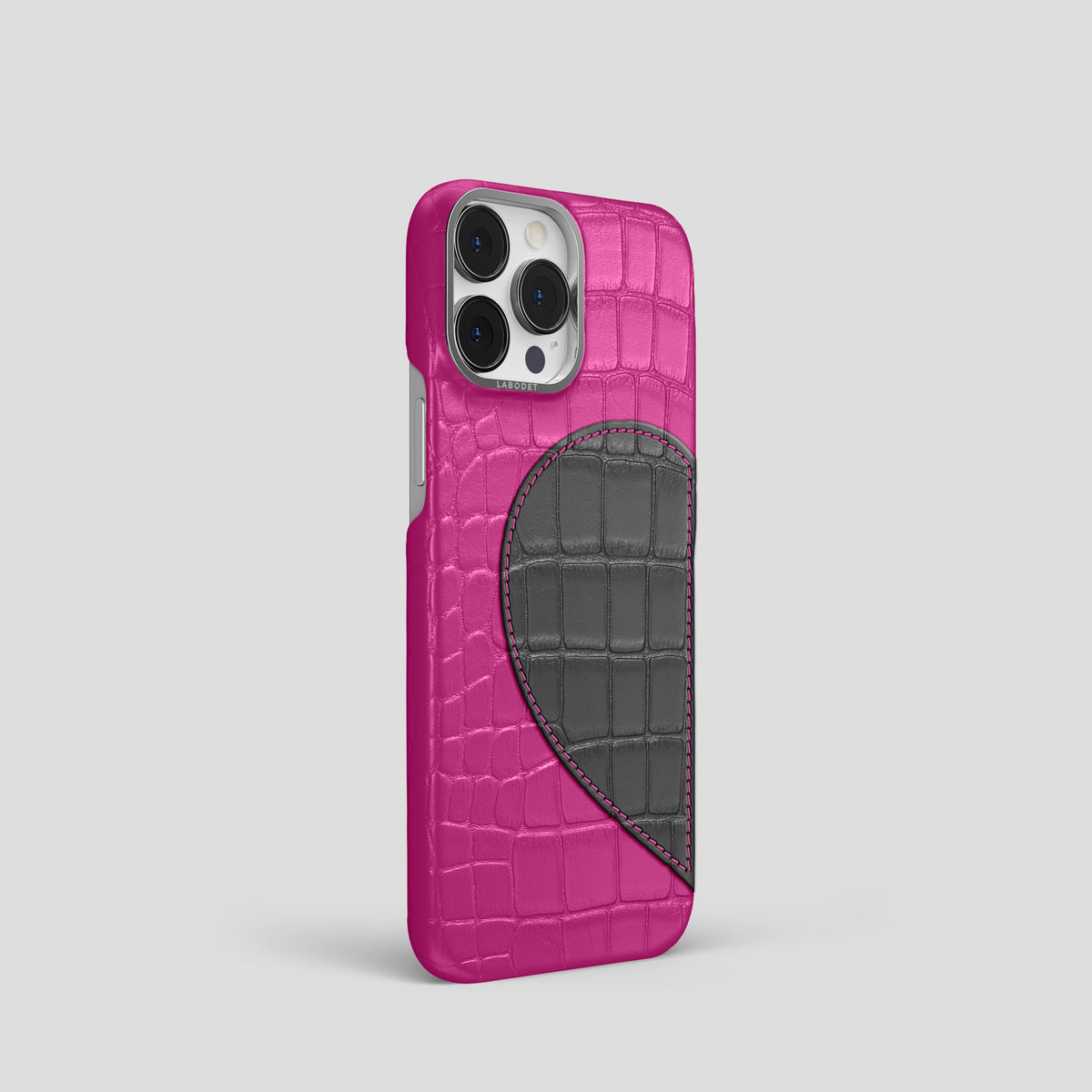 Fuchsia iPhone 15 Pro Hearts Case Alligator with Steel Metal -2 | Fuchsia-Steel