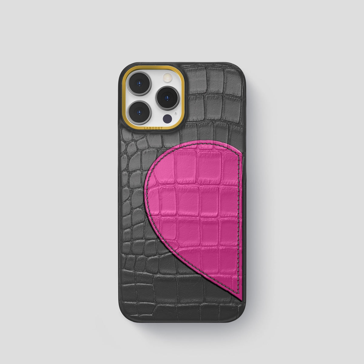 Grey iPhone 15 Pro Hearts Case Alligator with Gold Metal -1 | Grey-Gold
