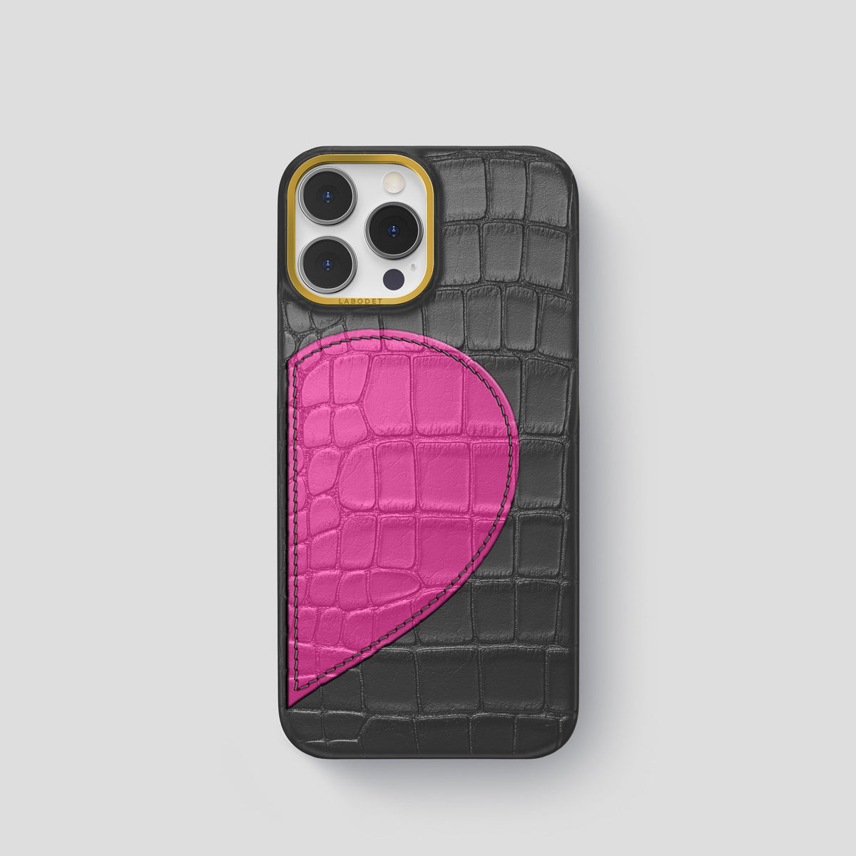 Grey iPhone 15 Pro Hearts Case Alligator with Gold Metal -1 | Grey-Gold