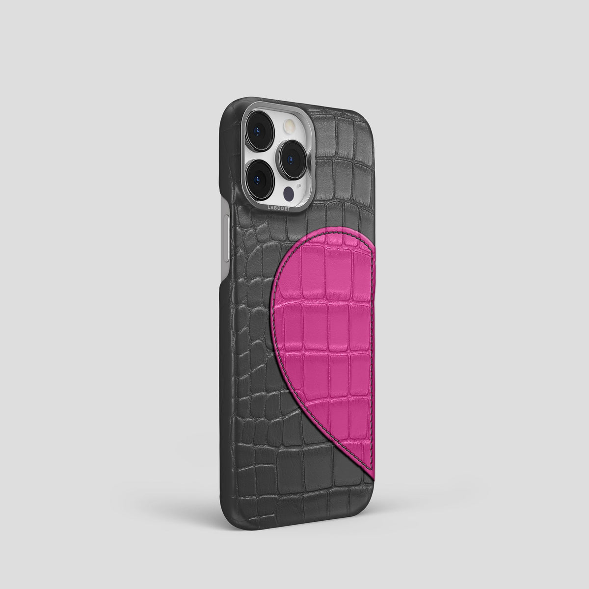 Grey iPhone 15 Pro Hearts Case Alligator with Steel Metal -2 | Grey-Steel