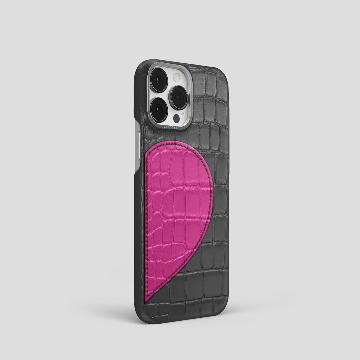 Grey iPhone 15 Pro Hearts Case Alligator with Steel Metal -2 | Grey-Steel