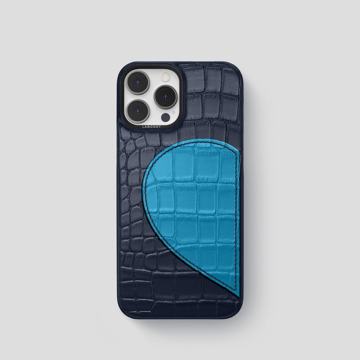 Navy Blue iPhone 15 Pro Hearts Case Alligator with Black Metal -1 | Navy-Blue-Black