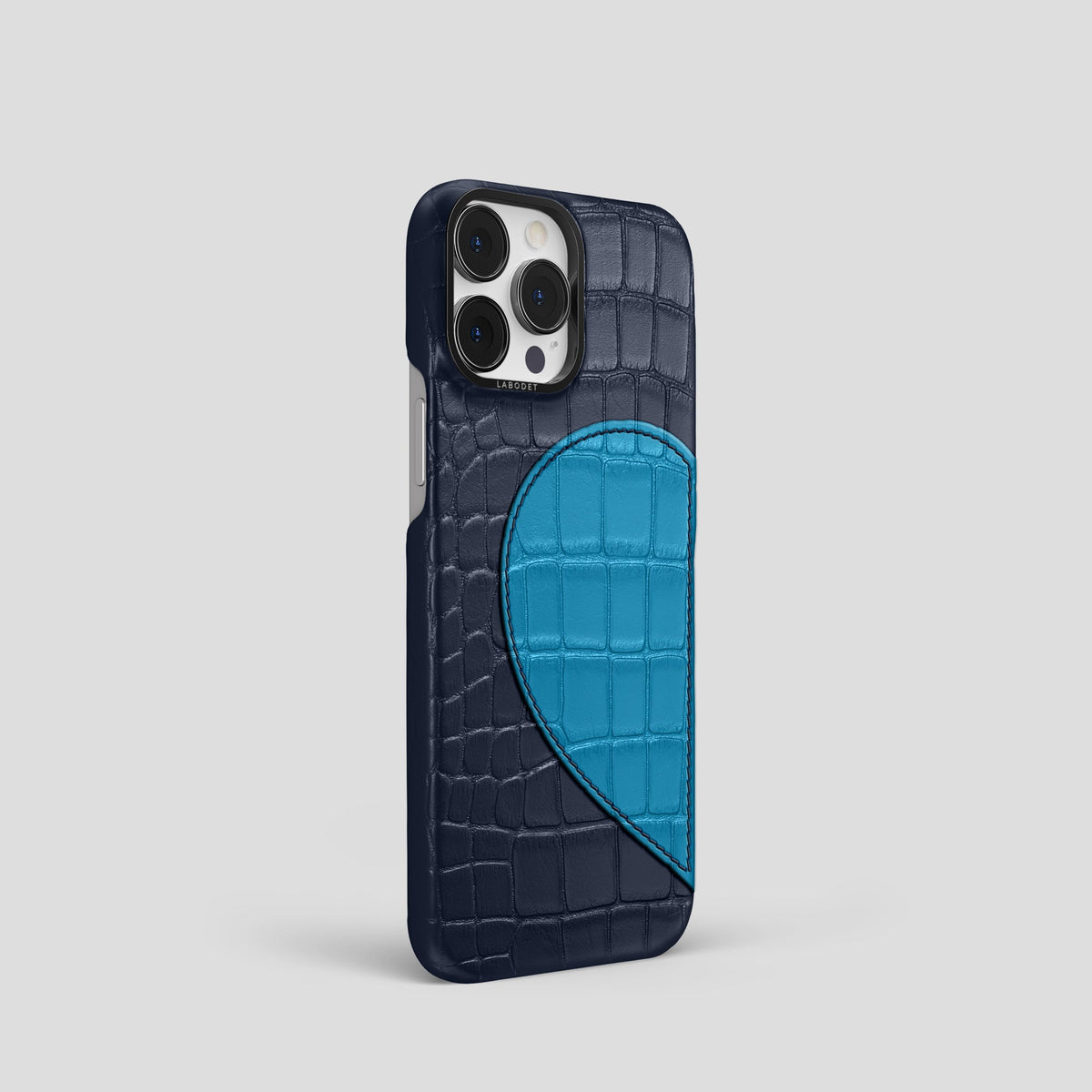Navy Blue iPhone 15 Pro Hearts Case Alligator with Black Metal -2 | Navy-Blue-Black
