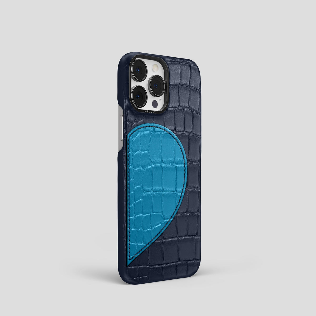 Navy Blue iPhone 15 Pro Hearts Case Alligator with Black Metal -2 | Navy-Blue-Black