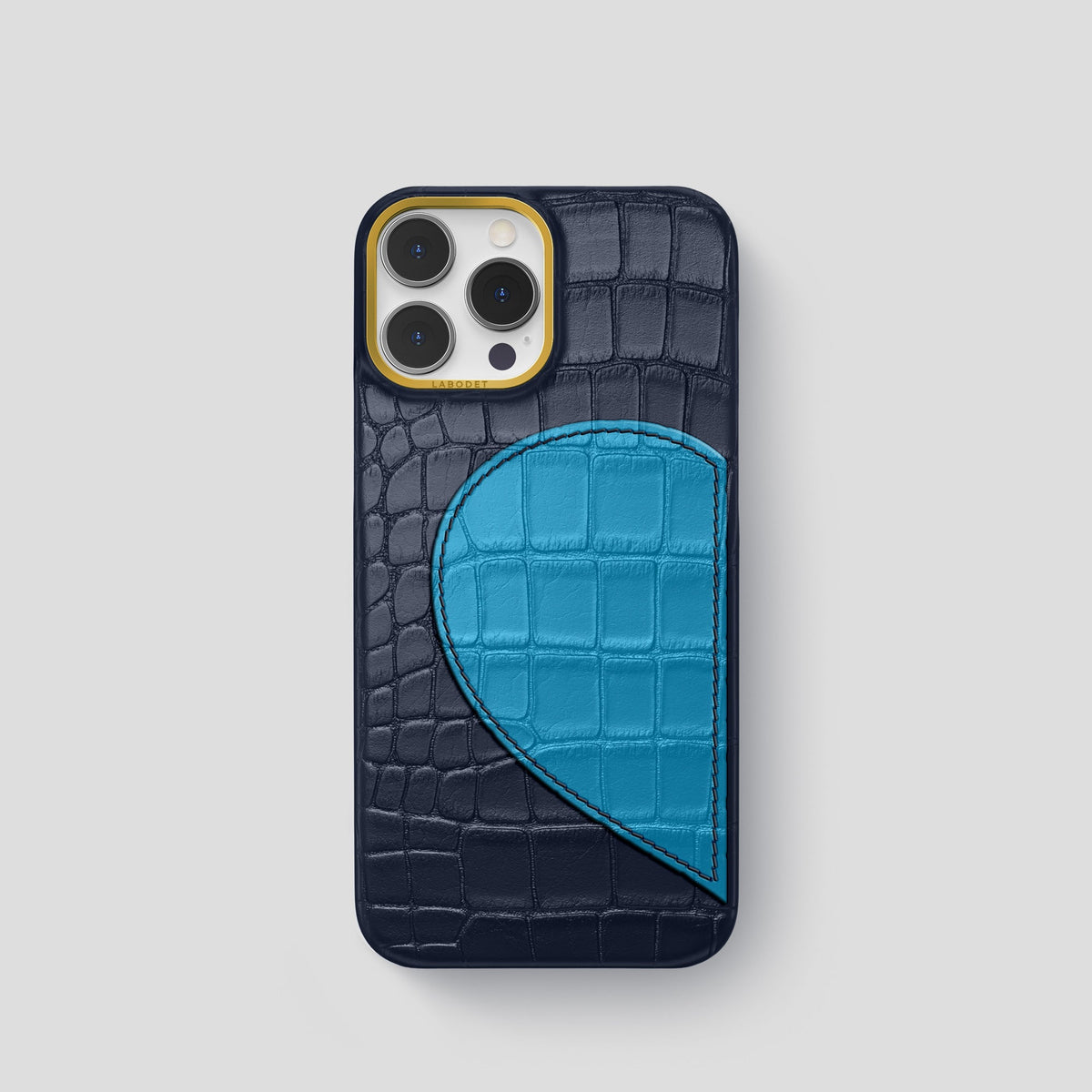 Navy Blue iPhone 15 Pro Hearts Case Alligator with Gold Metal -1 | Navy-Blue-Gold