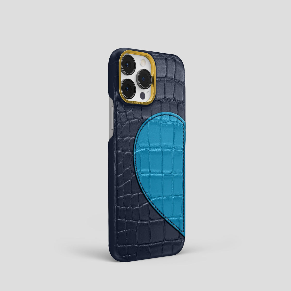 Navy Blue iPhone 15 Pro Hearts Case Alligator with Gold Metal -2 | Navy-Blue-Gold