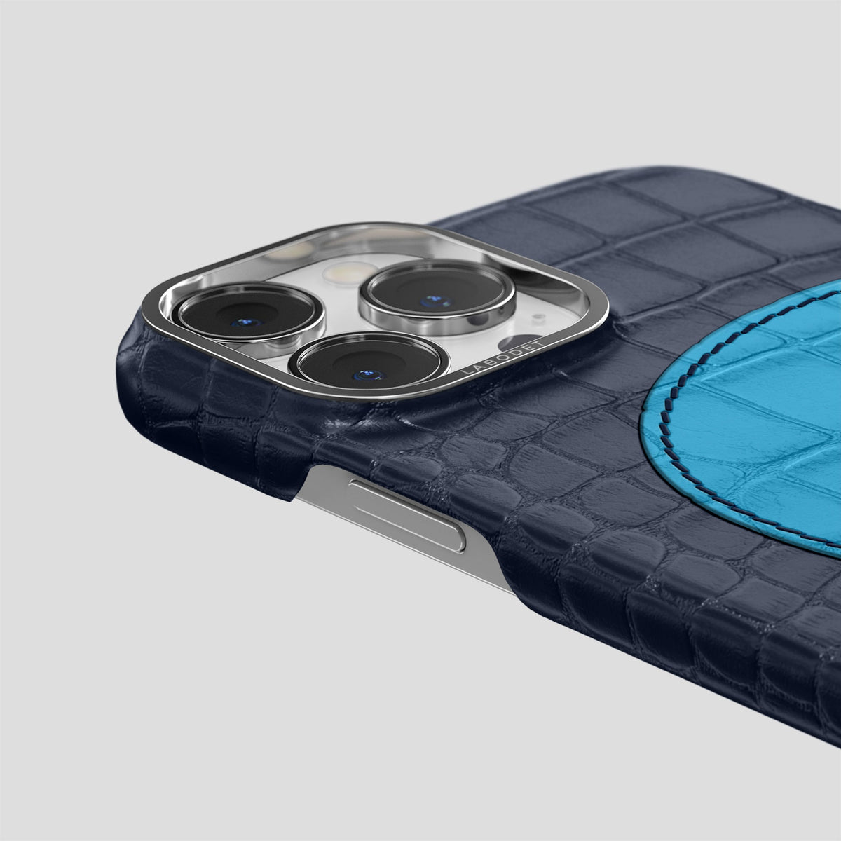 Navy Blue iPhone 15 Pro Hearts Case Alligator with Steel Metal -5 | Navy-Blue-Steel