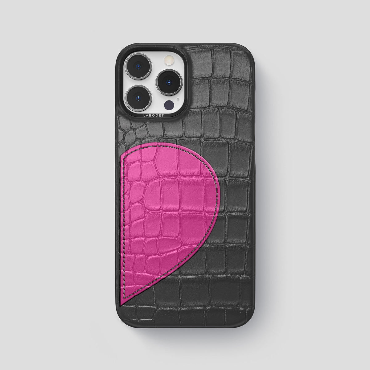 Grey iPhone 15 Pro Max Hearts Case Alligator with Black Metal -1 | Grey-Black