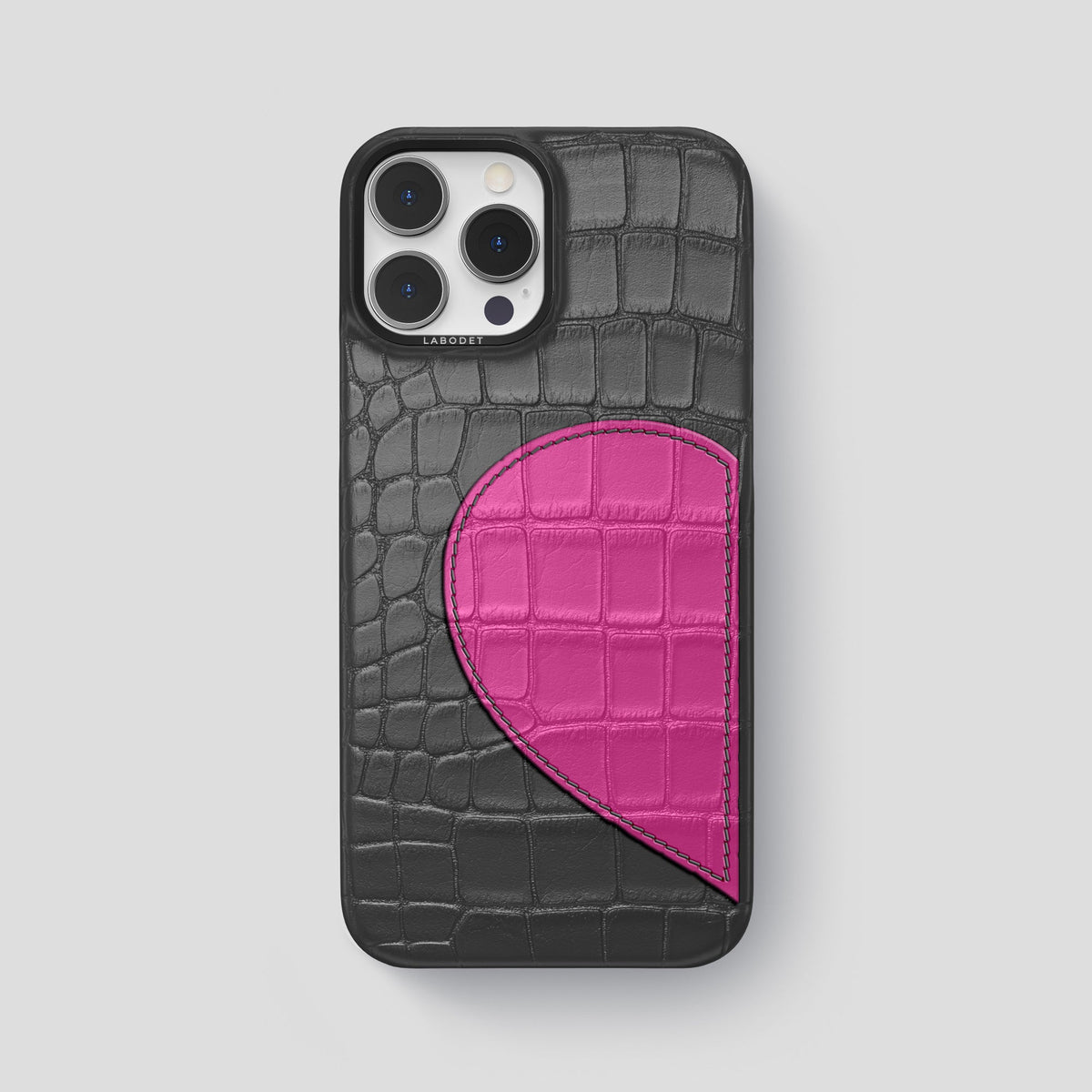Grey iPhone 15 Pro Max Hearts Case Alligator with Black Metal -1 | Grey-Black