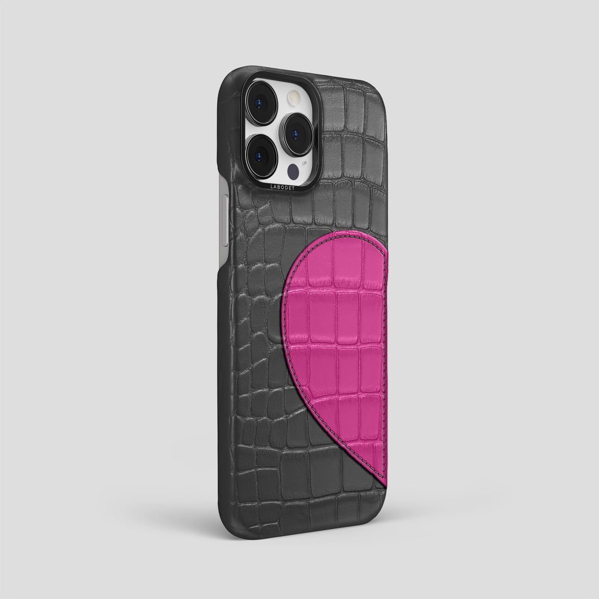 Grey iPhone 15 Pro Max Hearts Case Alligator with Black Metal -2 | Grey-Black