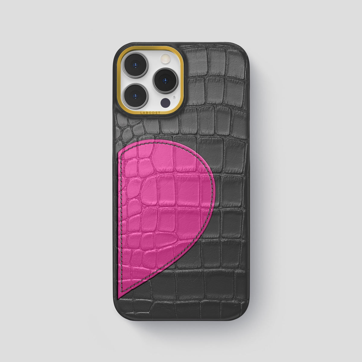 Grey iPhone 15 Pro Max Hearts Case Alligator with Gold Metal -1 | Grey-Gold