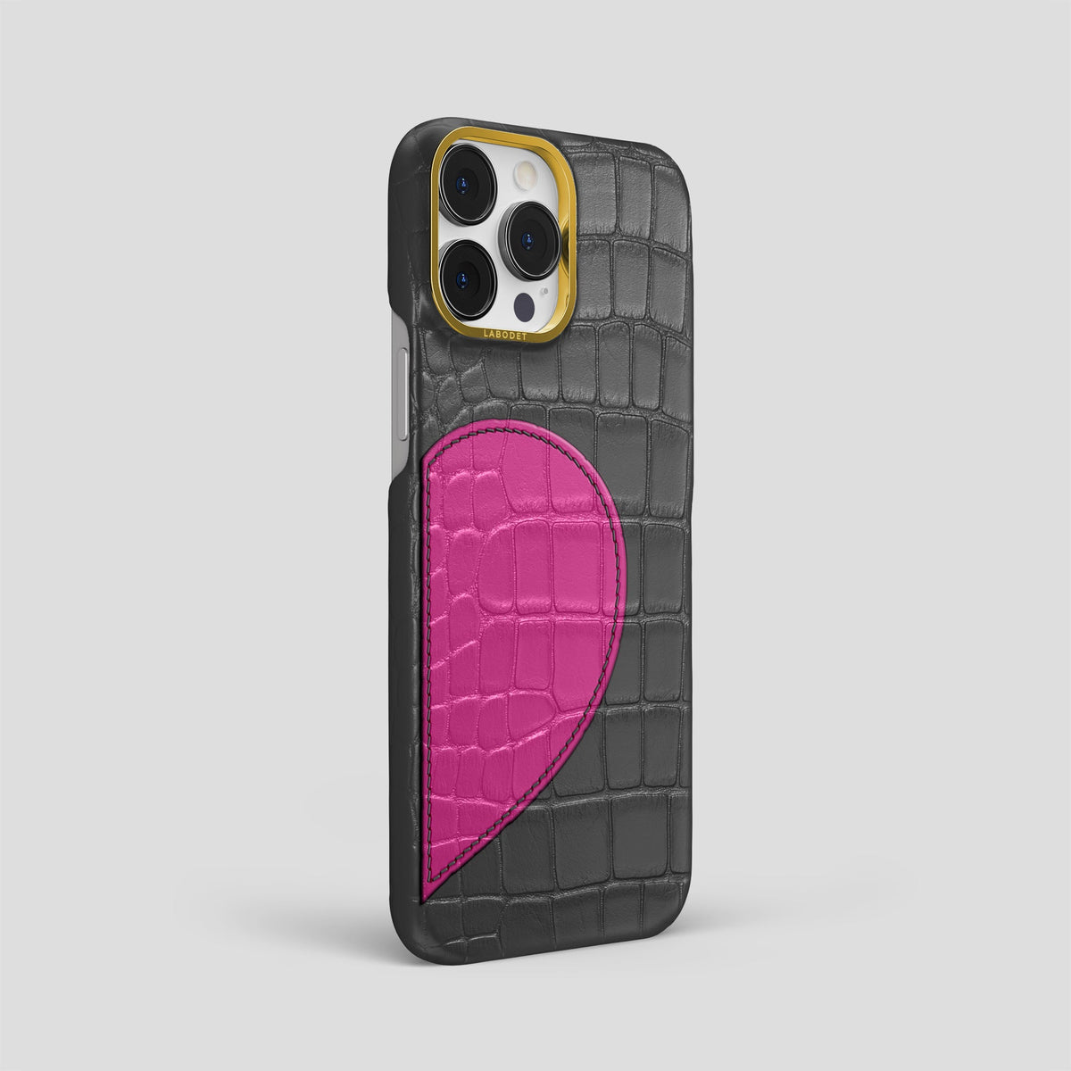 Grey iPhone 15 Pro Max Hearts Case Alligator with Gold Metal -2 | Grey-Gold