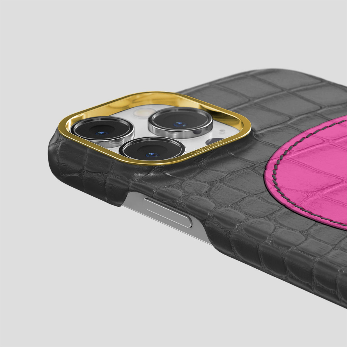 Grey iPhone 15 Pro Max Hearts Case Alligator with Gold Metal -5 | Grey-Gold