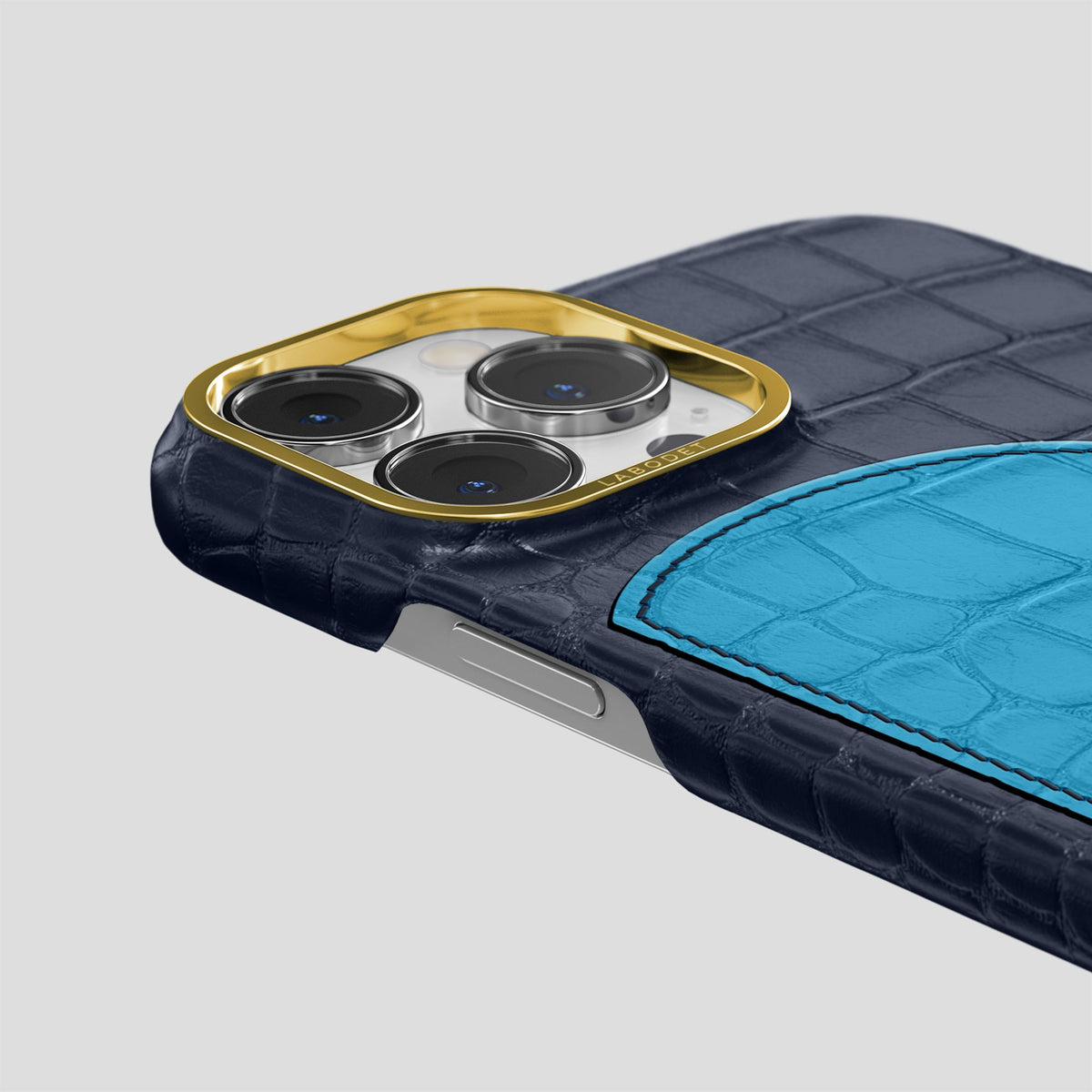 Navy Blue iPhone 15 Pro Max Hearts Case Alligator with Gold Metal -5 | Navy-Blue-Gold