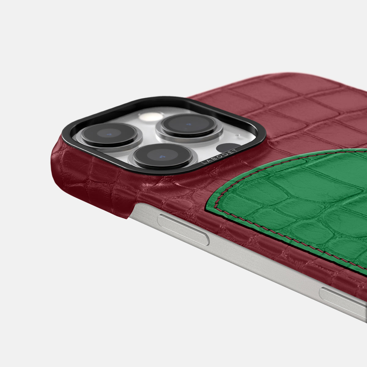 Burgundy iPhone 16 Pro Classic Case Hearts In Alligator with Black Metal -5 | Burgundy-Black