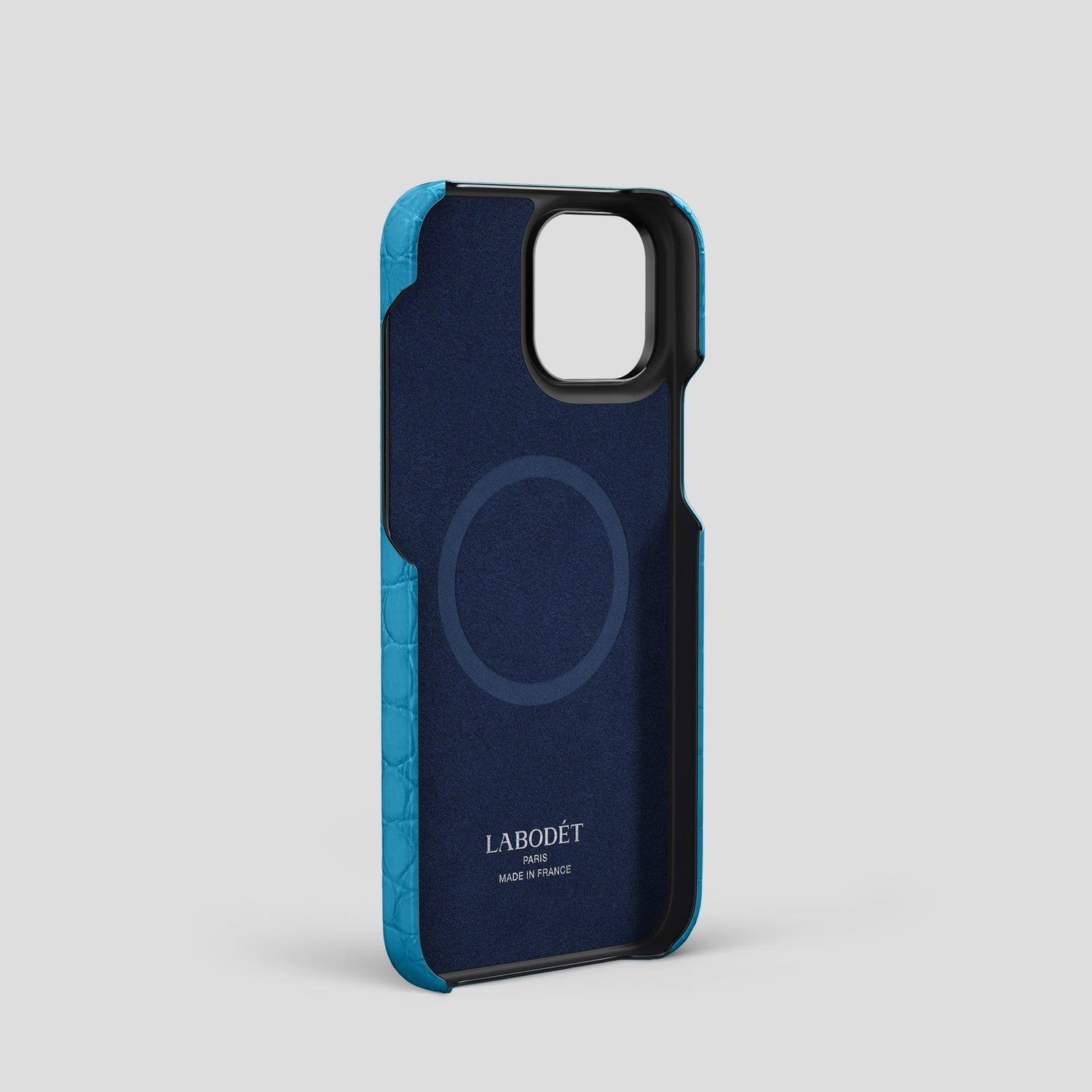 Curaçao-Blue iPhone 14 Pro Classic Case Alligator with Black Metal -4 | Curaçao-Blue-Black