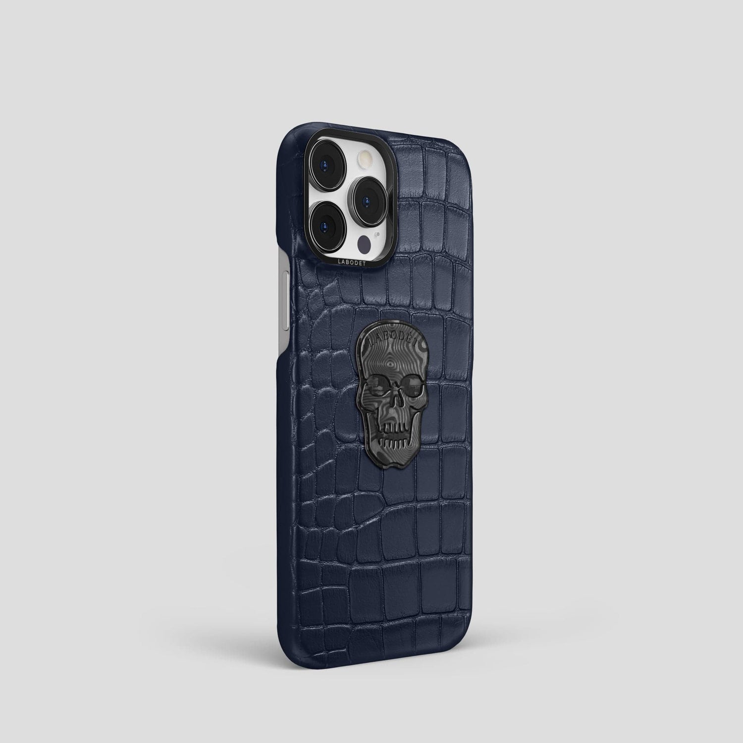 Navy Blue iPhone 14 Pro Classic Case Alligator with Black Metal -2 | Navy-Blue-Black