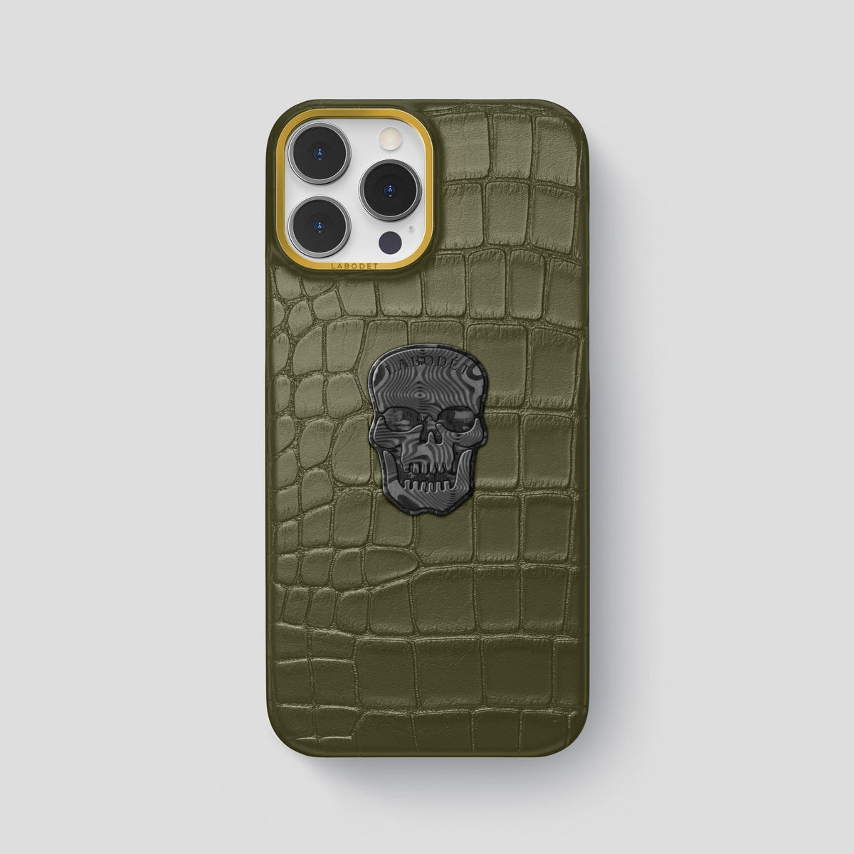 Kaki-Green iPhone 14 Pro Max Classic Case Alligator with Gold Metal -1 | Kaki-Green-Gold