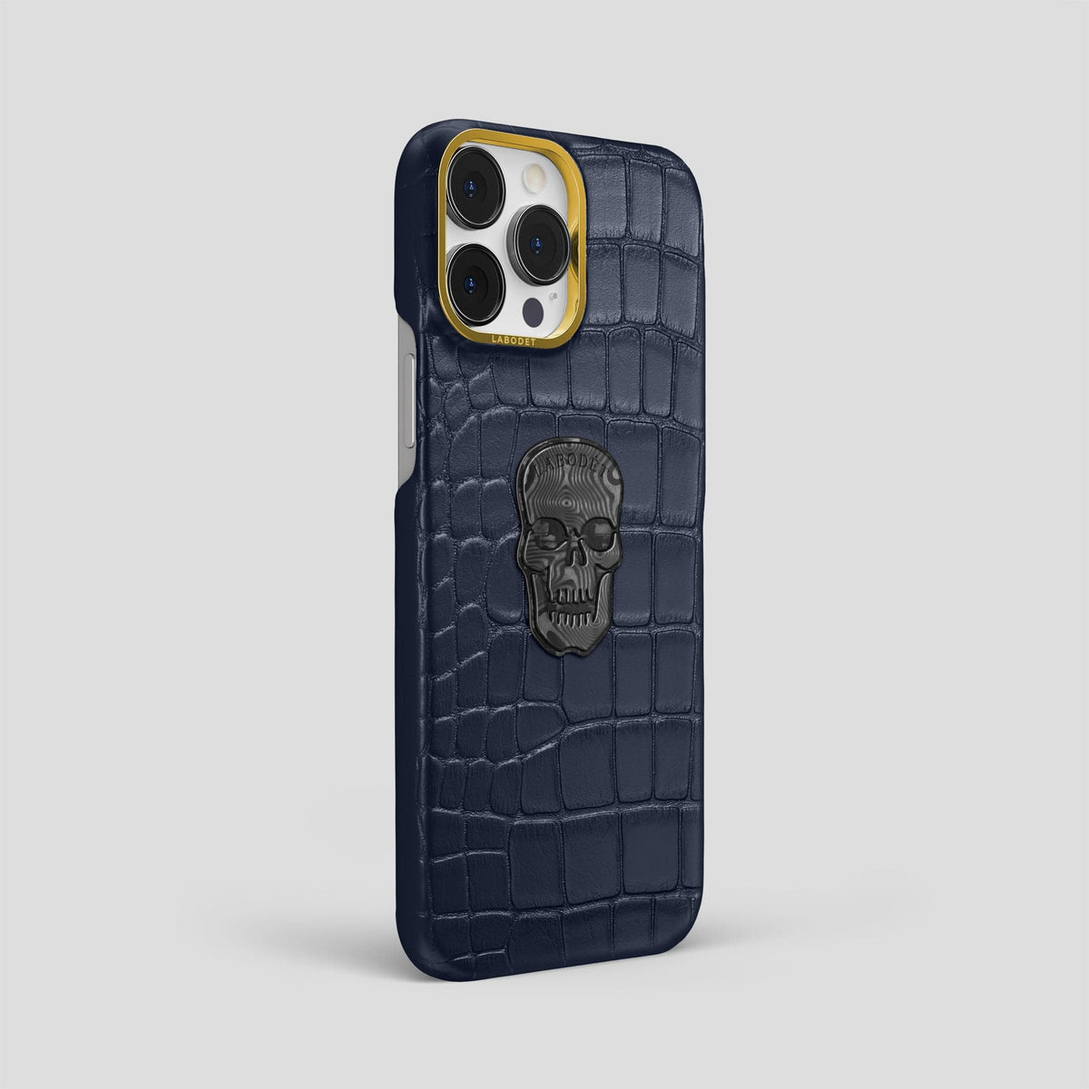 Navy Blue iPhone 14 Pro Max Classic Case Alligator with Gold Metal -2 | Navy-Blue-Gold