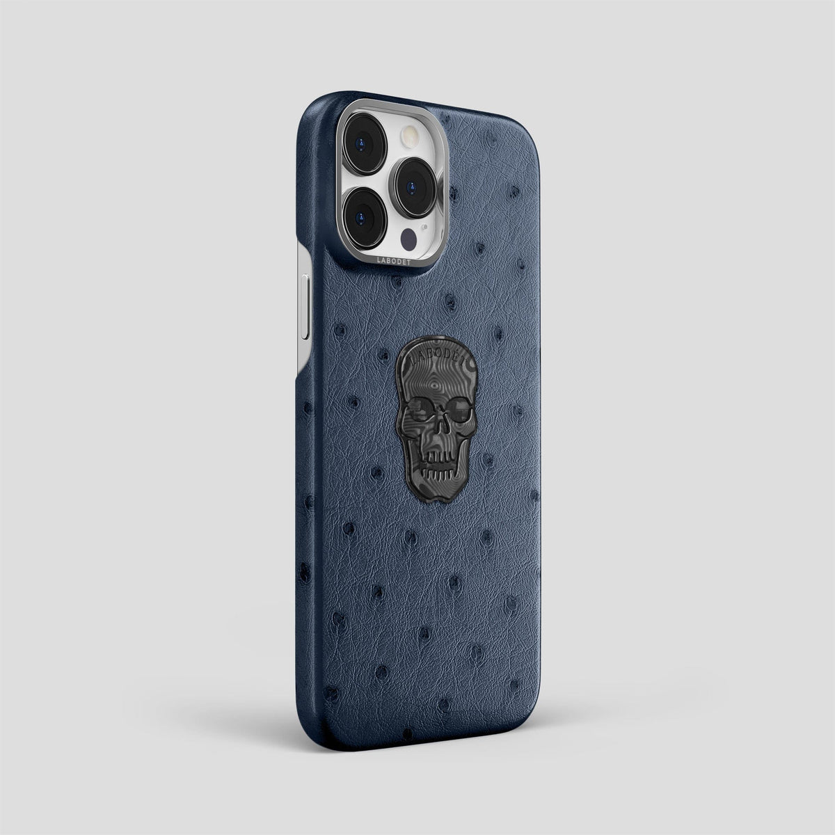 Navy-Blue iPhone 14 Pro Max Classic Case Ostrich with Steel Metal -2 | Navy-Blue-Steel