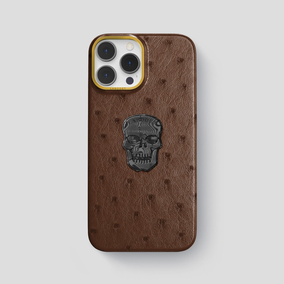 Chocolate iPhone 15 Pro Max Classic Case Ostrich with Gold Metal -1 | Chocolate-Gold