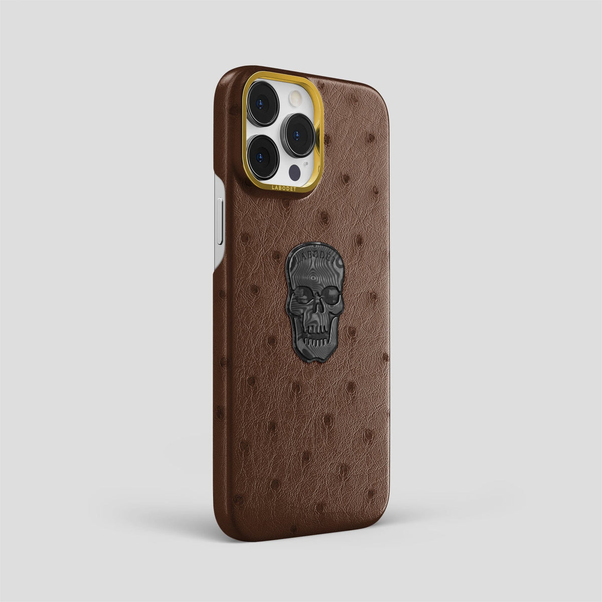 Chocolate iPhone 15 Pro Max Classic Case Ostrich with Gold Metal -2 | Chocolate-Gold
