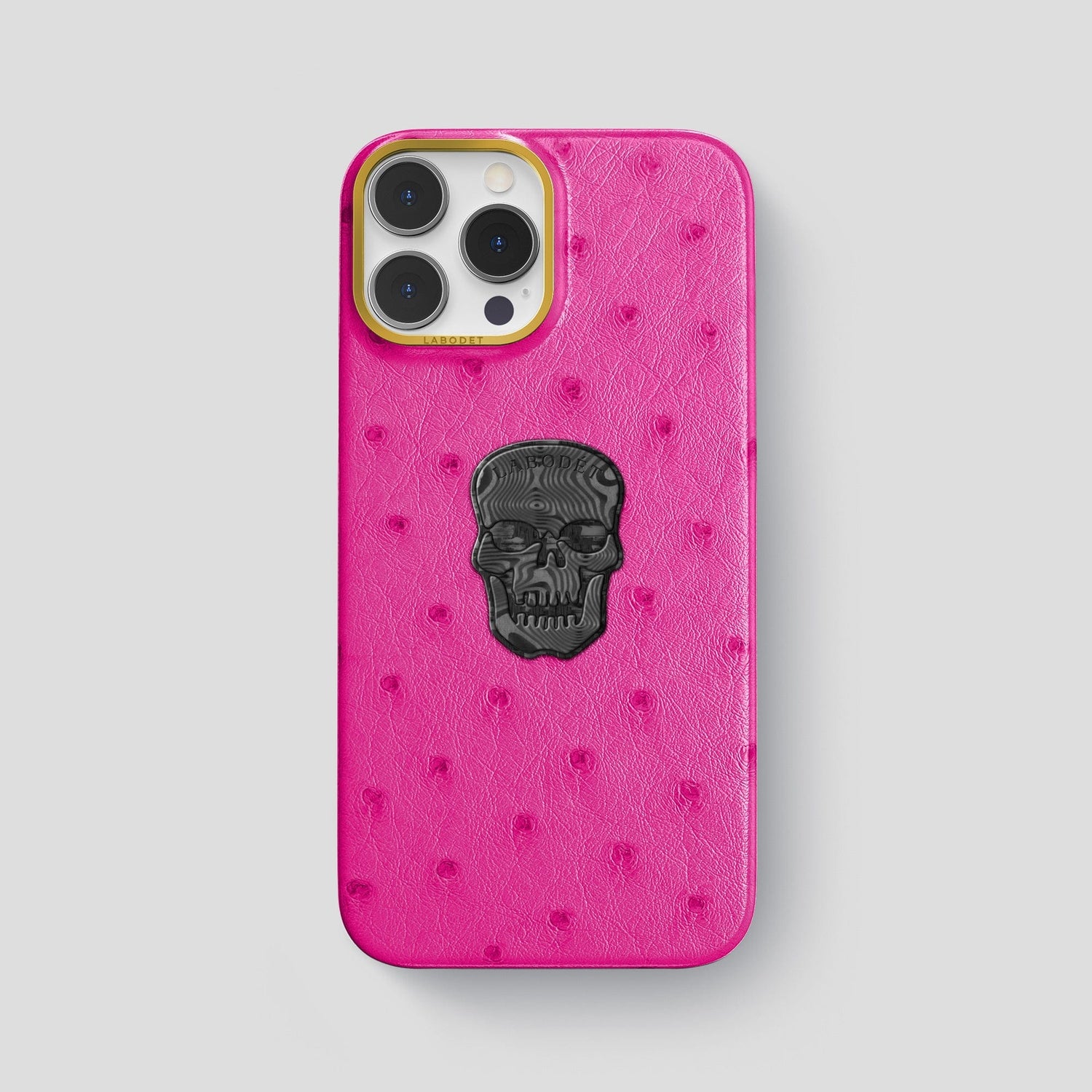 Fuchsia iPhone 15 Pro Max Classic Case Ostrich with Gold Metal -1 | Fuchsia-Gold