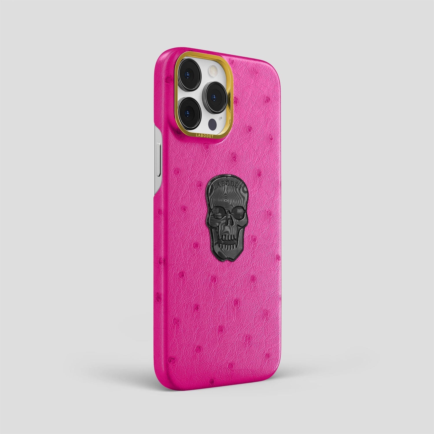 Fuchsia iPhone 15 Pro Max Classic Case Ostrich with Gold Metal -2 | Fuchsia-Gold