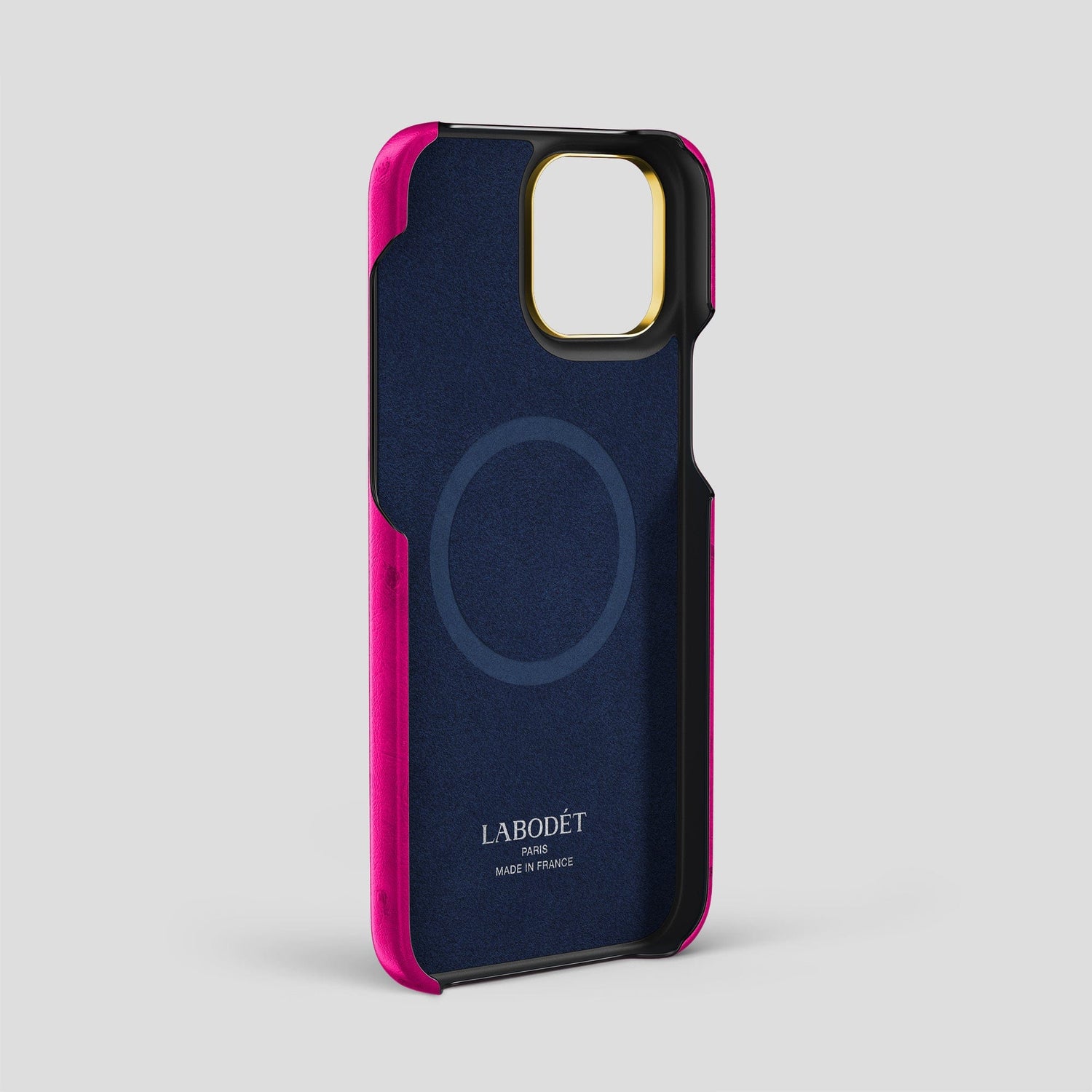 Fuchsia iPhone 15 Pro Max Classic Case Ostrich with Gold Metal -4 | Fuchsia-Gold