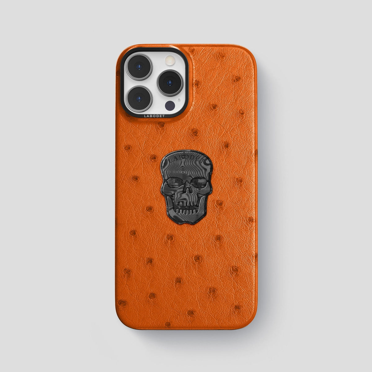Medium-Brown iPhone 15 Pro Max Classic Case Ostrich with Black Metal -1 | Medium-Brown-Black