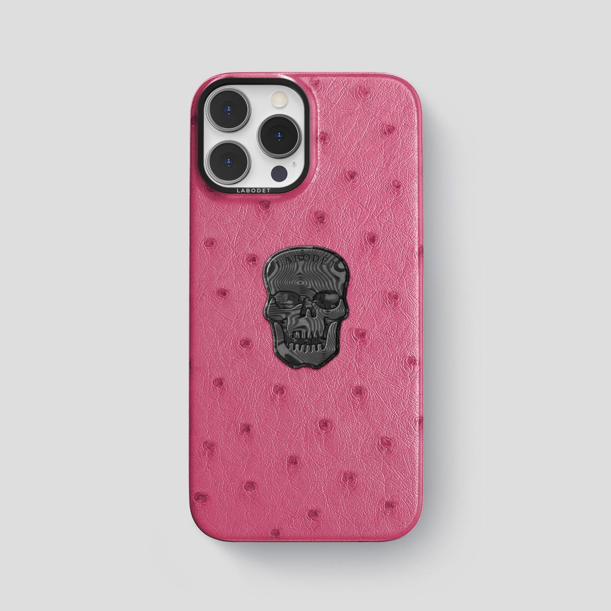 Petal Pink iPhone 15 Pro Max Classic Case Ostrich with Black Metal -1 | Petal-Pink-Black