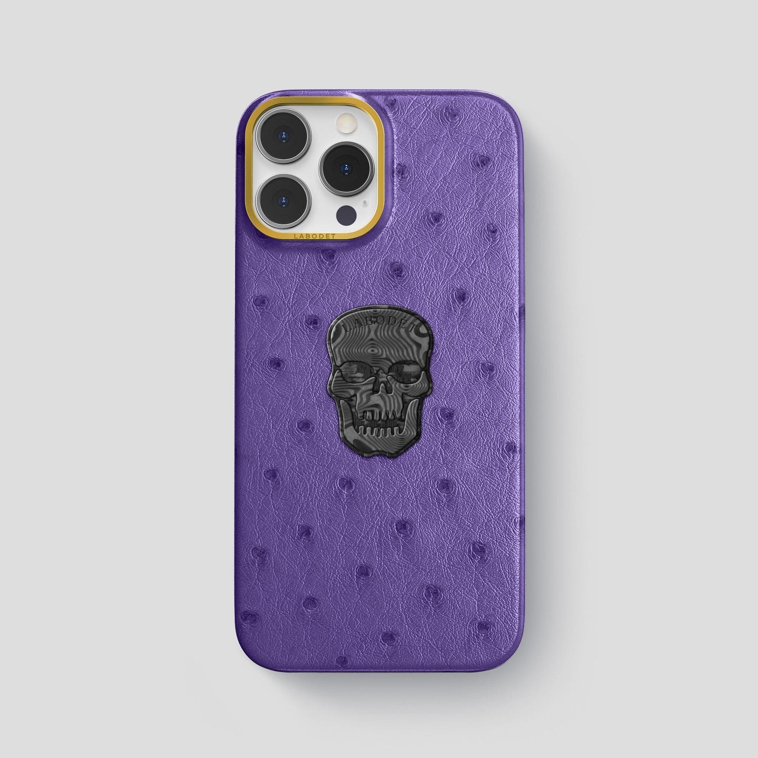 Purple iPhone 15 Pro Max Classic Case Ostrich with Gold Metal -1 | Purple-Gold