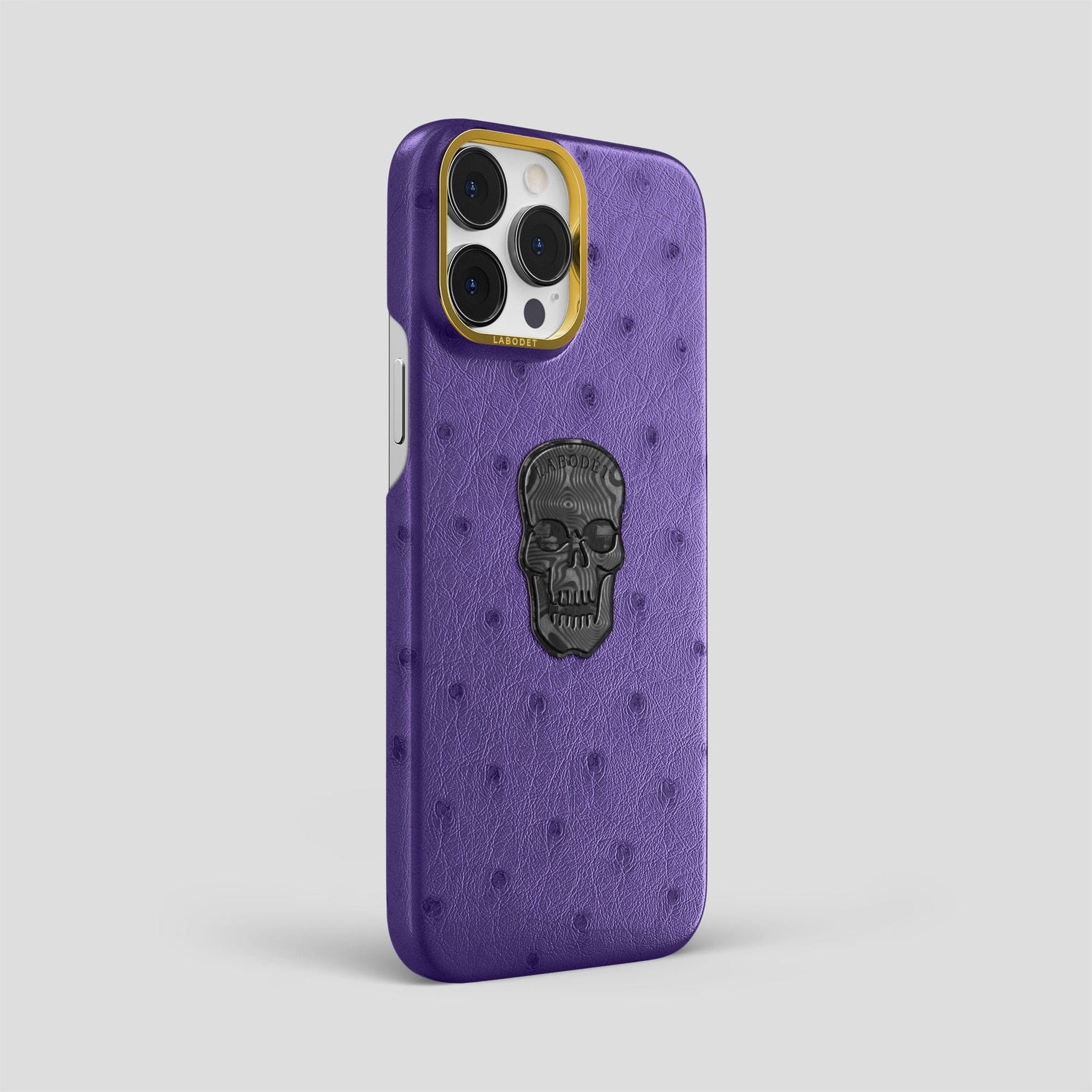 Purple iPhone 15 Pro Max Classic Case Ostrich with Gold Metal -2 | Purple-Gold