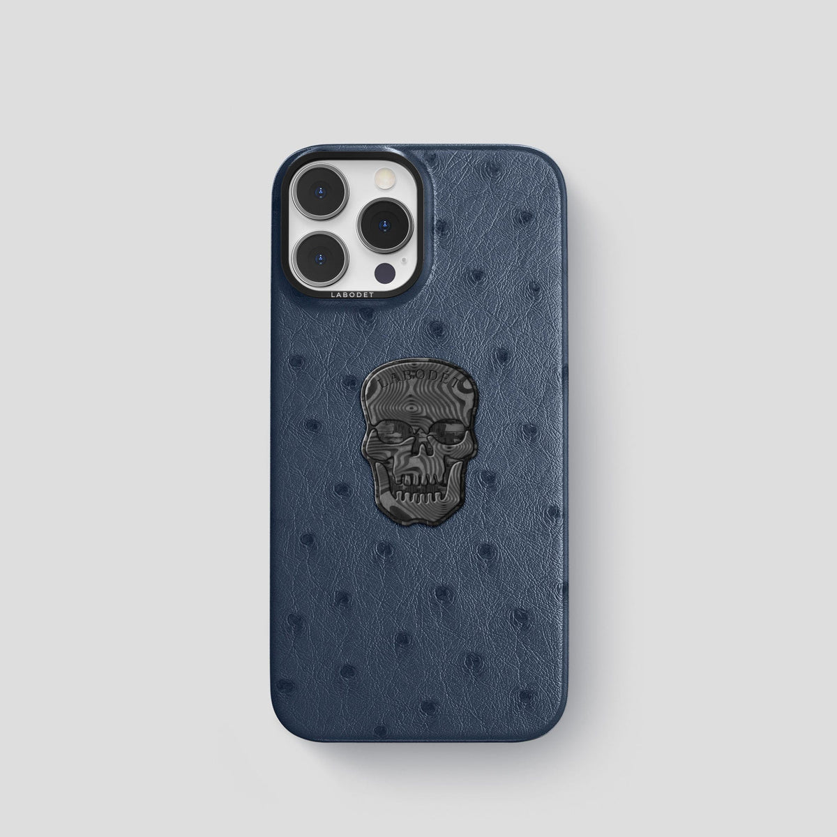 Navy-Blue iPhone 15 Pro Classic Case Ostrich with Black Metal -1 | Navy-Blue-Black