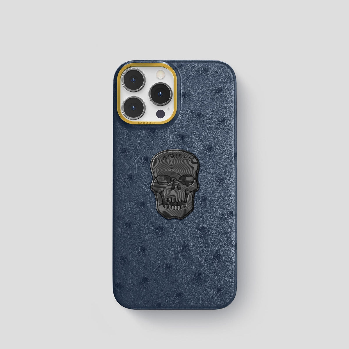 Navy-Blue iPhone 15 Pro Classic Case Ostrich with Gold Metal -1 | Navy-Blue-Gold