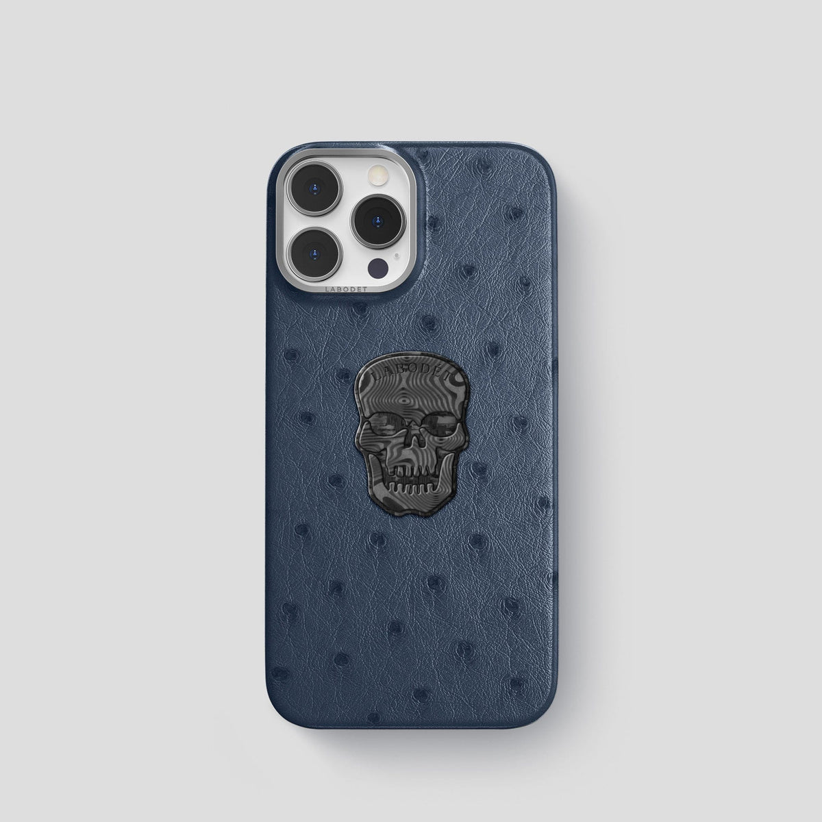 Navy-Blue iPhone 14 Pro Classic Case Ostrich with Steel Metal -1 | Navy-Blue-Steel