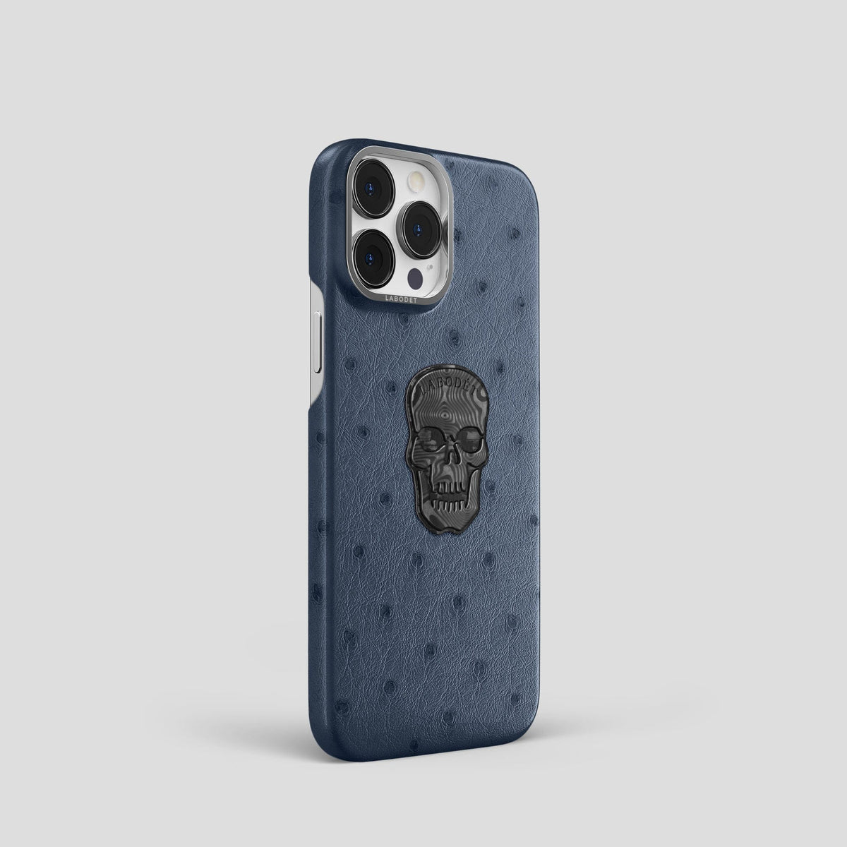 Navy-Blue iPhone 15 Pro Classic Case Ostrich with Steel Metal -2 | Navy-Blue-Steel