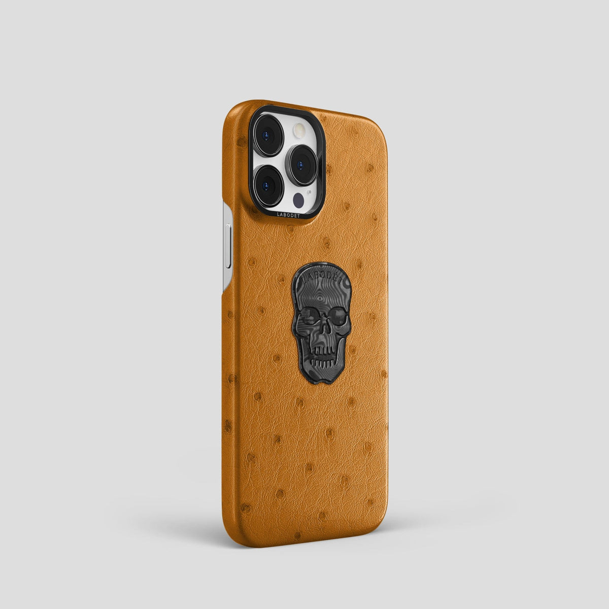 Chestnut iPhone 15 Pro Classic Case Ostrich with Black Metal -2 | Chestnut-Black