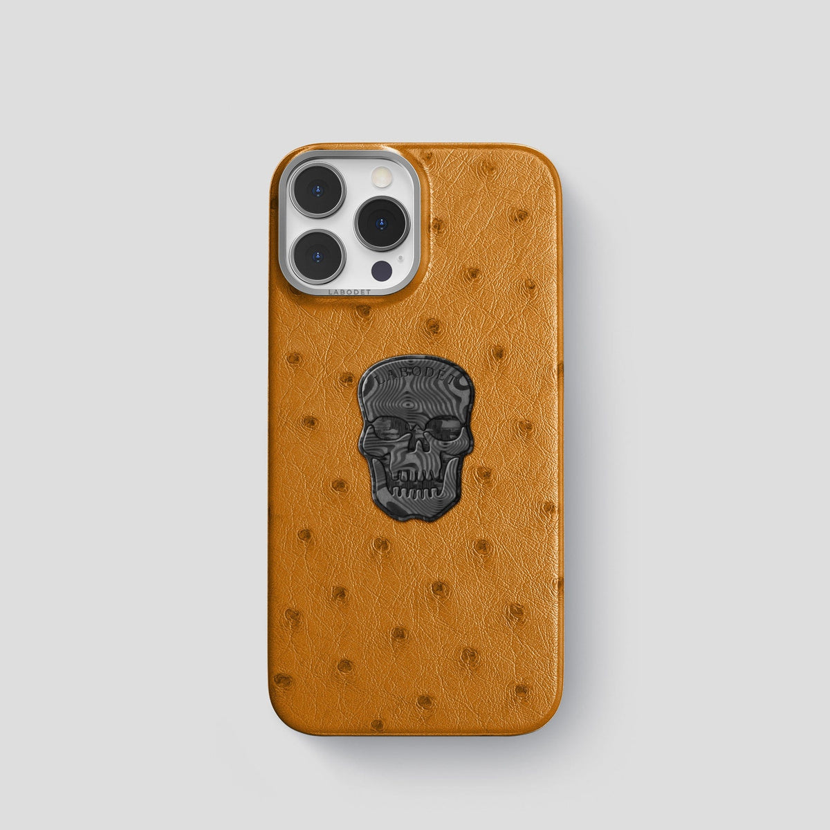 Chestnut iPhone 15 Pro Classic Case Ostrich with Steel Metal -1 | Chestnut-Steel