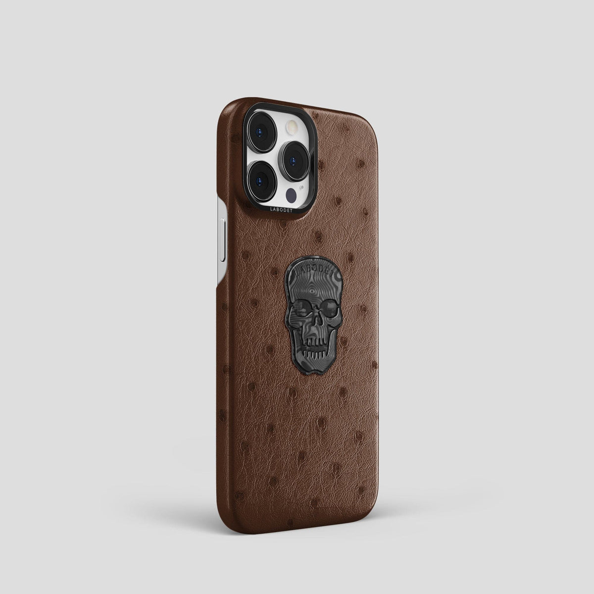 Chocolate iPhone 15 Pro Classic Case Ostrich with Black Metal -2 | Chocolate-Black